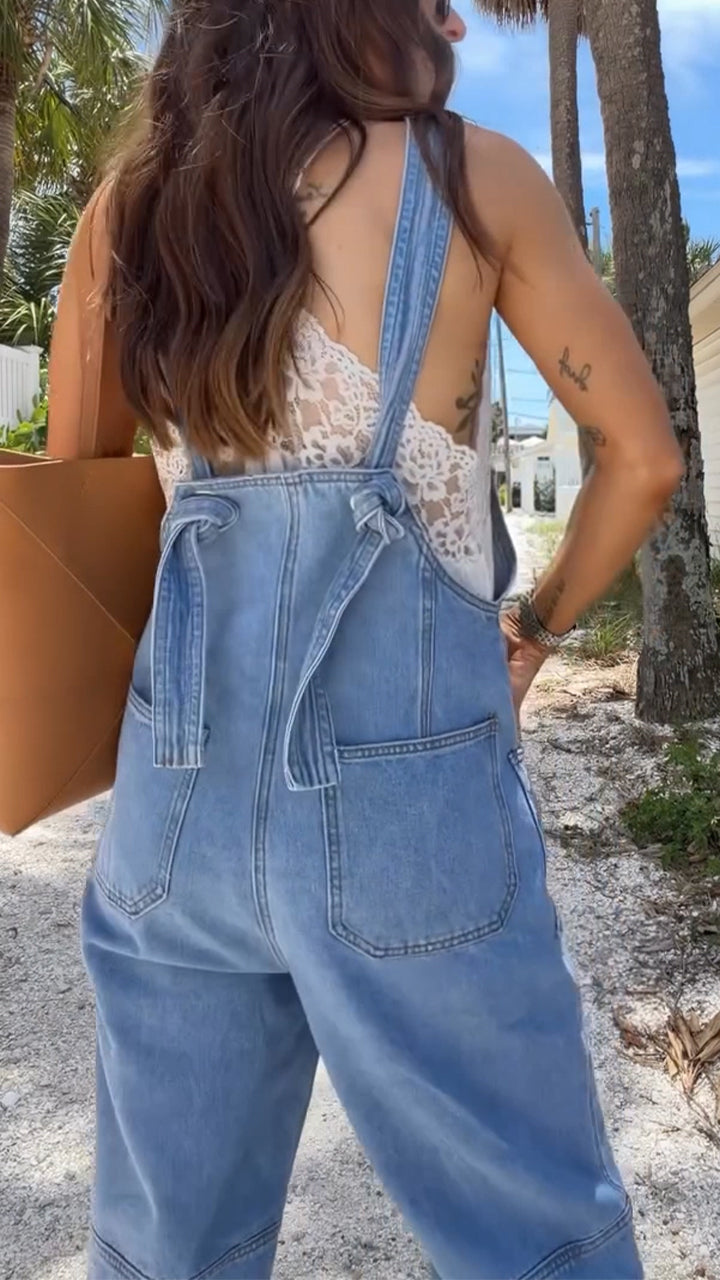 Women Shoulder Strap Patchwork Pocket Casual Denim Jumpsuit