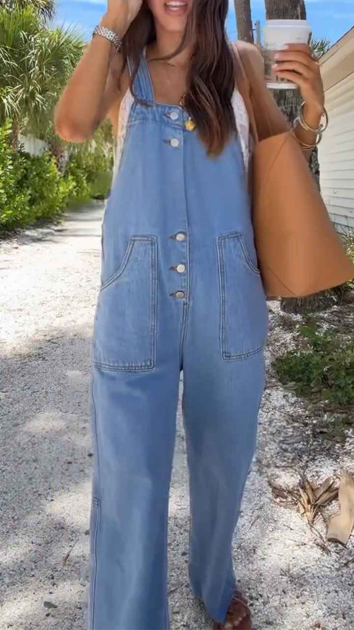 Women Shoulder Strap Patchwork Pocket Casual Denim Jumpsuit