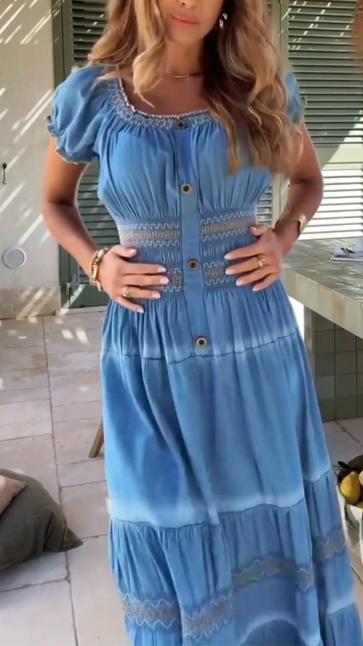Women U-neck Waist Cinching and Splicing Elegant Casual Dress