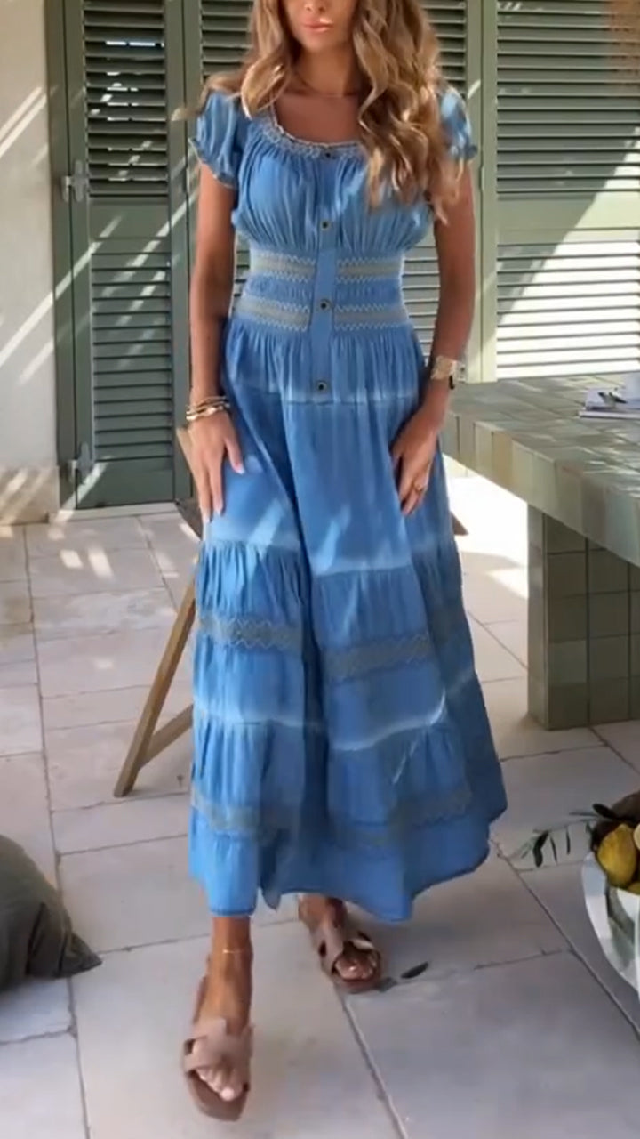 Women U-neck Waist Cinching and Splicing Elegant Casual Dress