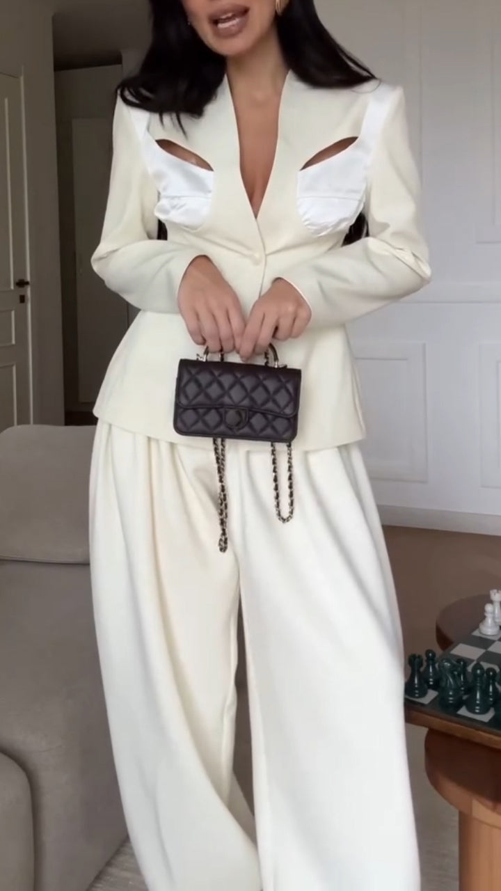 Women V-neck Patchwork Hollow Jacket + Pants Temperament Commuting Set