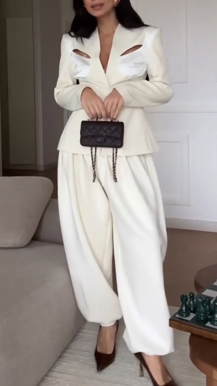 Women V-neck Patchwork Hollow Jacket + Pants Temperament Commuting Set