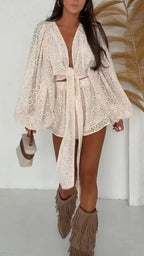Women Pattern Hollow Solid Color Cardigan + Shorts Vacation Travel Casual Style Set