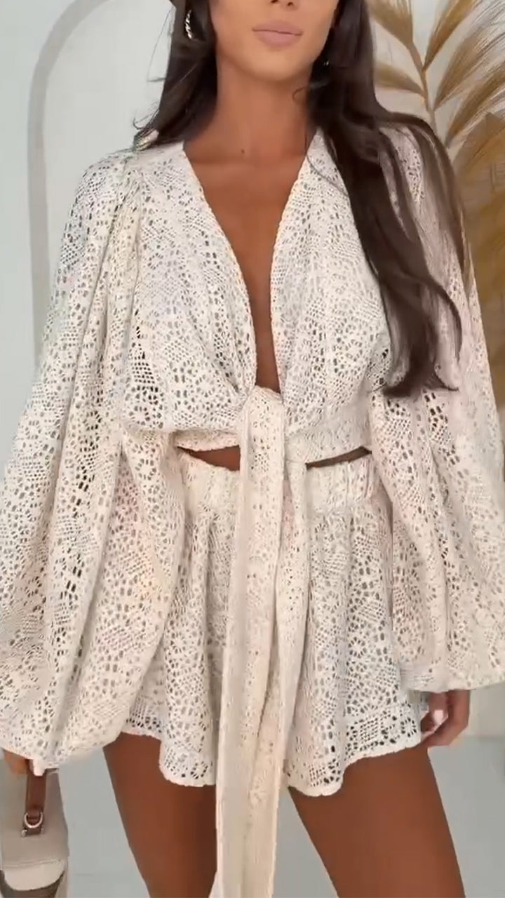 Women Pattern Hollow Solid Color Cardigan + Shorts Vacation Travel Casual Style Set