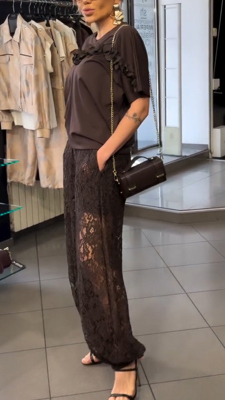Women Round Neck Patchwork Top + Patchwork Lace Hollow Pants Casual Set
