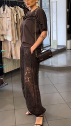 Women Round Neck Patchwork Top + Patchwork Lace Hollow Pants Casual Set