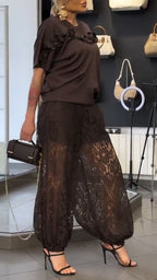 Women Round Neck Patchwork Top + Patchwork Lace Hollow Pants Casual Set
