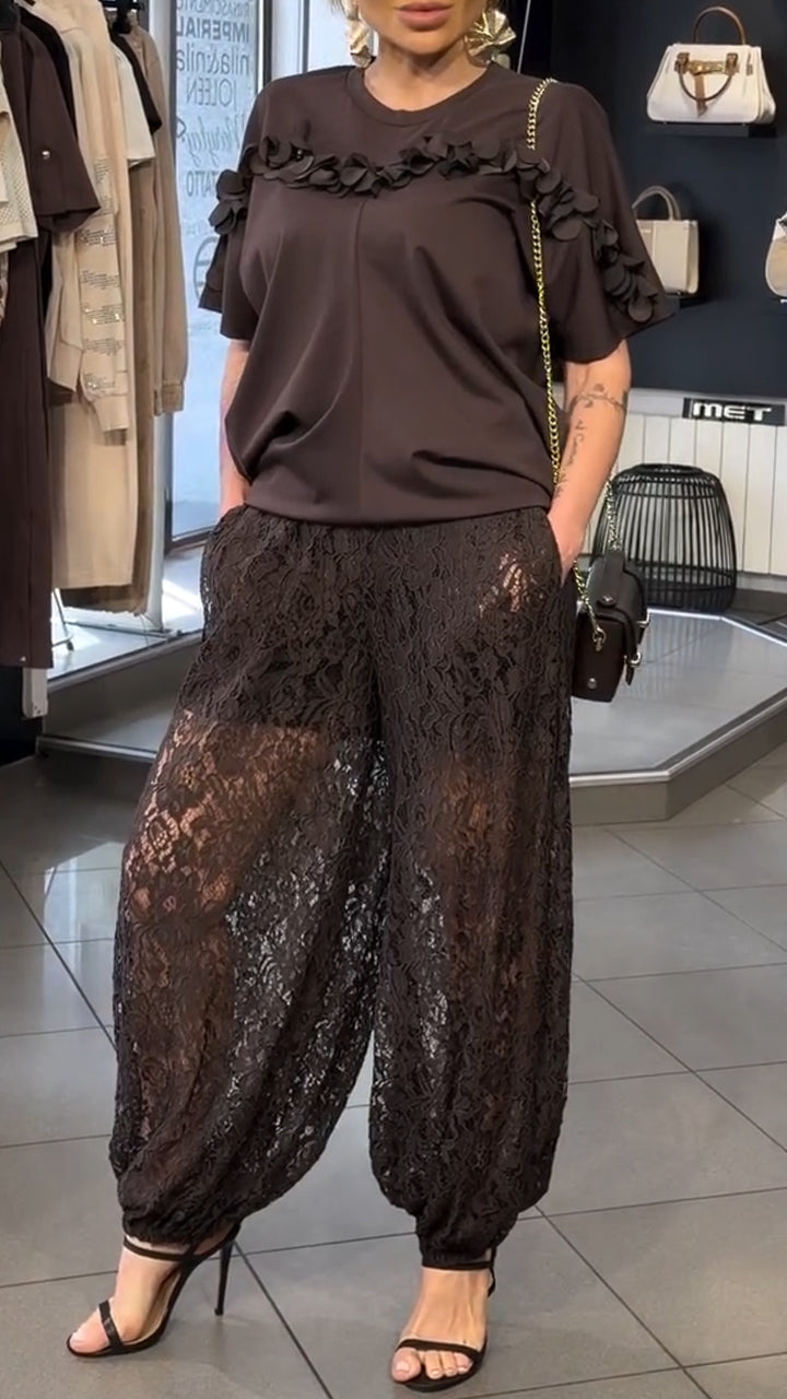 Women Round Neck Patchwork Top + Patchwork Lace Hollow Pants Casual Set