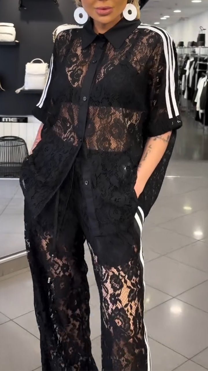 Women Collar Patchwork Lace Pattern Hollow Top + Pants
