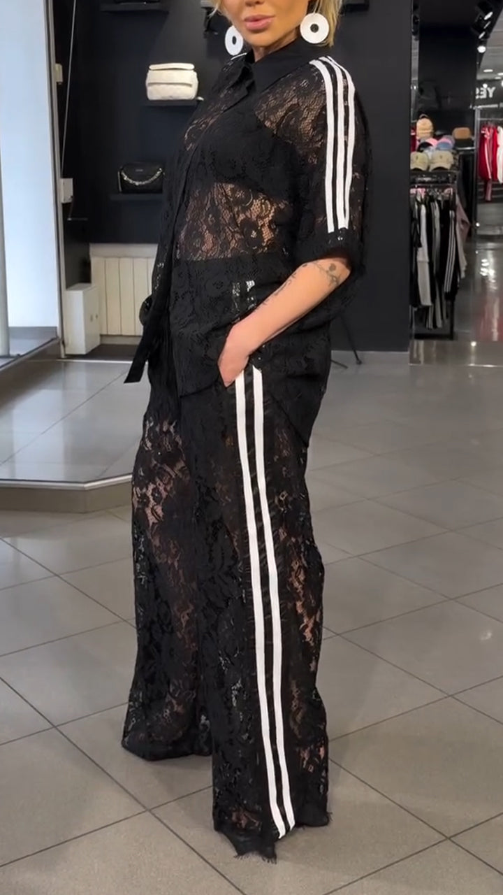 Women Collar Patchwork Lace Pattern Hollow Top + Pants