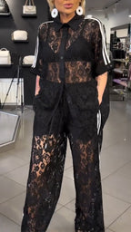Women Collar Patchwork Lace Pattern Hollow Top + Pants