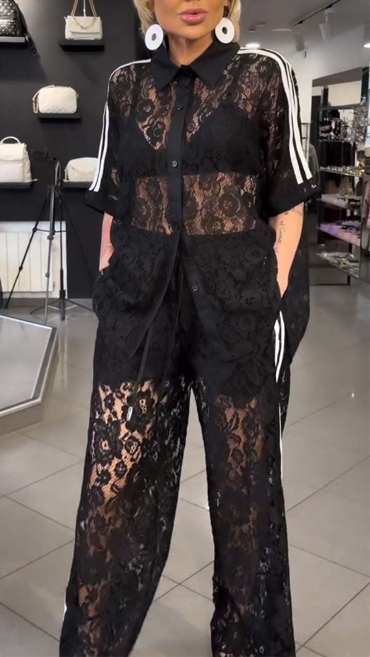 Women Collar Patchwork Lace Pattern Hollow Top + Pants