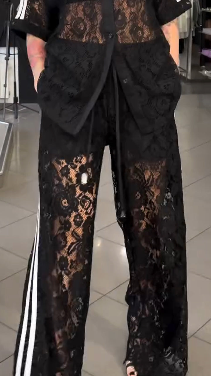 Women Collar Patchwork Lace Pattern Hollow Top + Pants