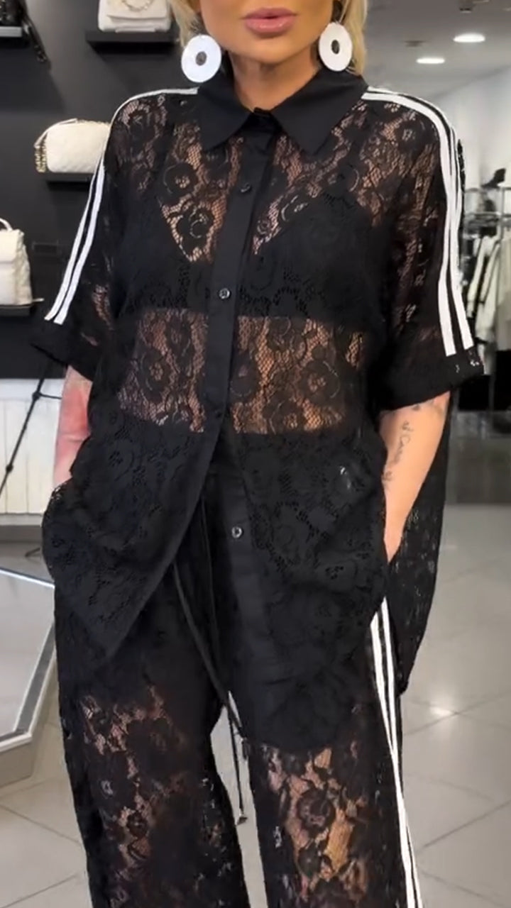 Women Collar Patchwork Lace Pattern Hollow Top + Pants