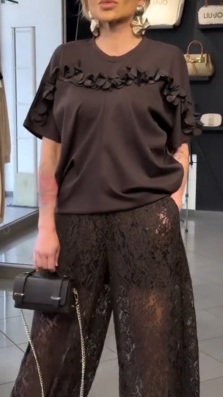 Women Round Neck Patchwork Top + Patchwork Lace Hollow Pants Casual Set