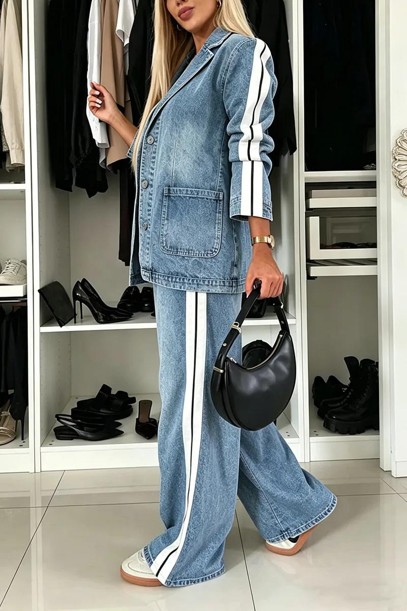Women Collar Vertical Stripe Washed Denim Jacket + Jeans