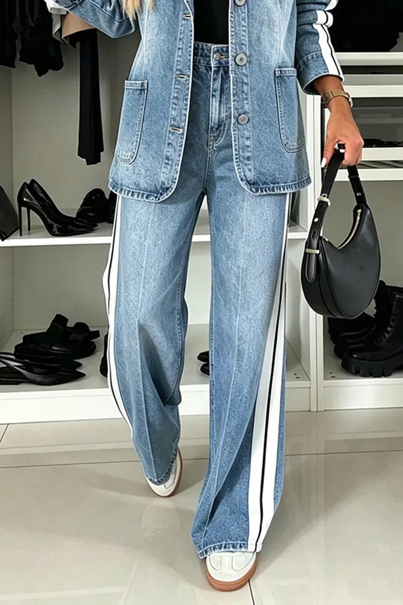 Women Collar Vertical Stripe Washed Denim Jacket + Jeans