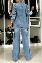 Women Collar Vertical Stripe Washed Denim Jacket + Jeans