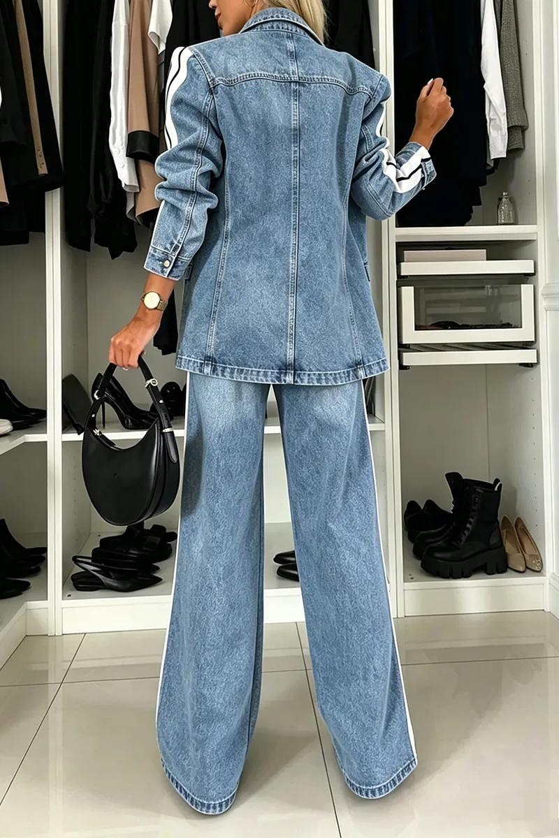 Women Collar Vertical Stripe Washed Denim Jacket + Jeans