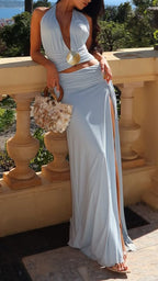 Women Neck Hanging Deep V-neck Top + Split Skirt Vacation Casual Suit Set