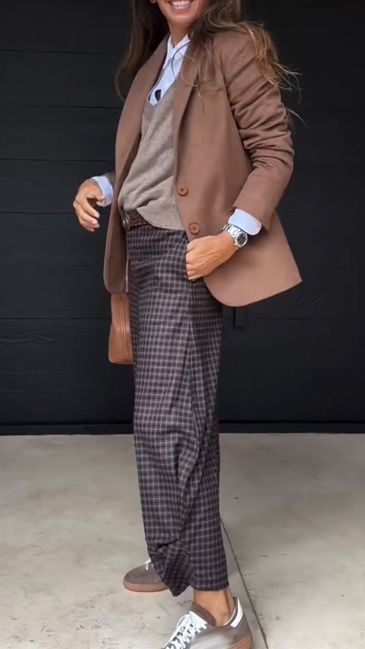 Women Temperament Commuting Collar Blazer+ Plaid Pants