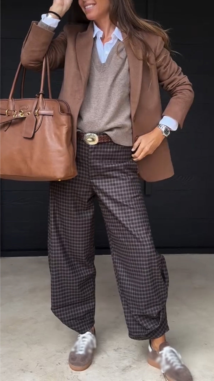 Women Temperament Commuting Collar Blazer+ Plaid Pants