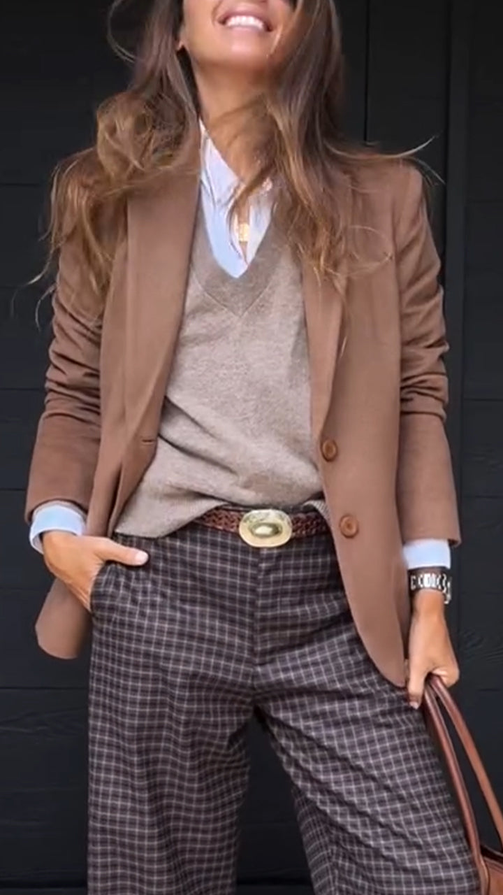 Women Temperament Commuting Collar Blazer+ Plaid Pants
