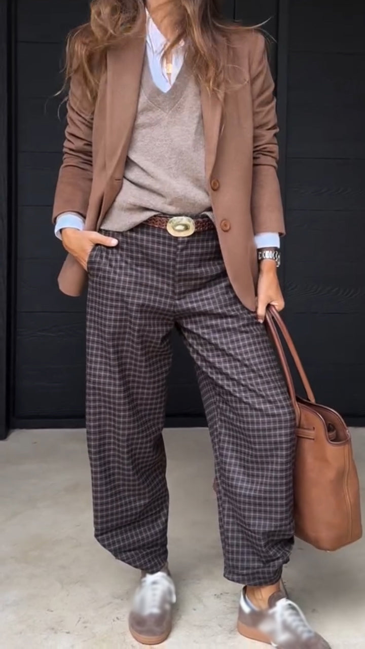 Women Temperament Commuting Collar Blazer+ Plaid Pants