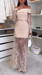 Women One-piece Collar Patchwork Lace Printed Dress + Lace Printed Half Skirt Elegant Temperament Set