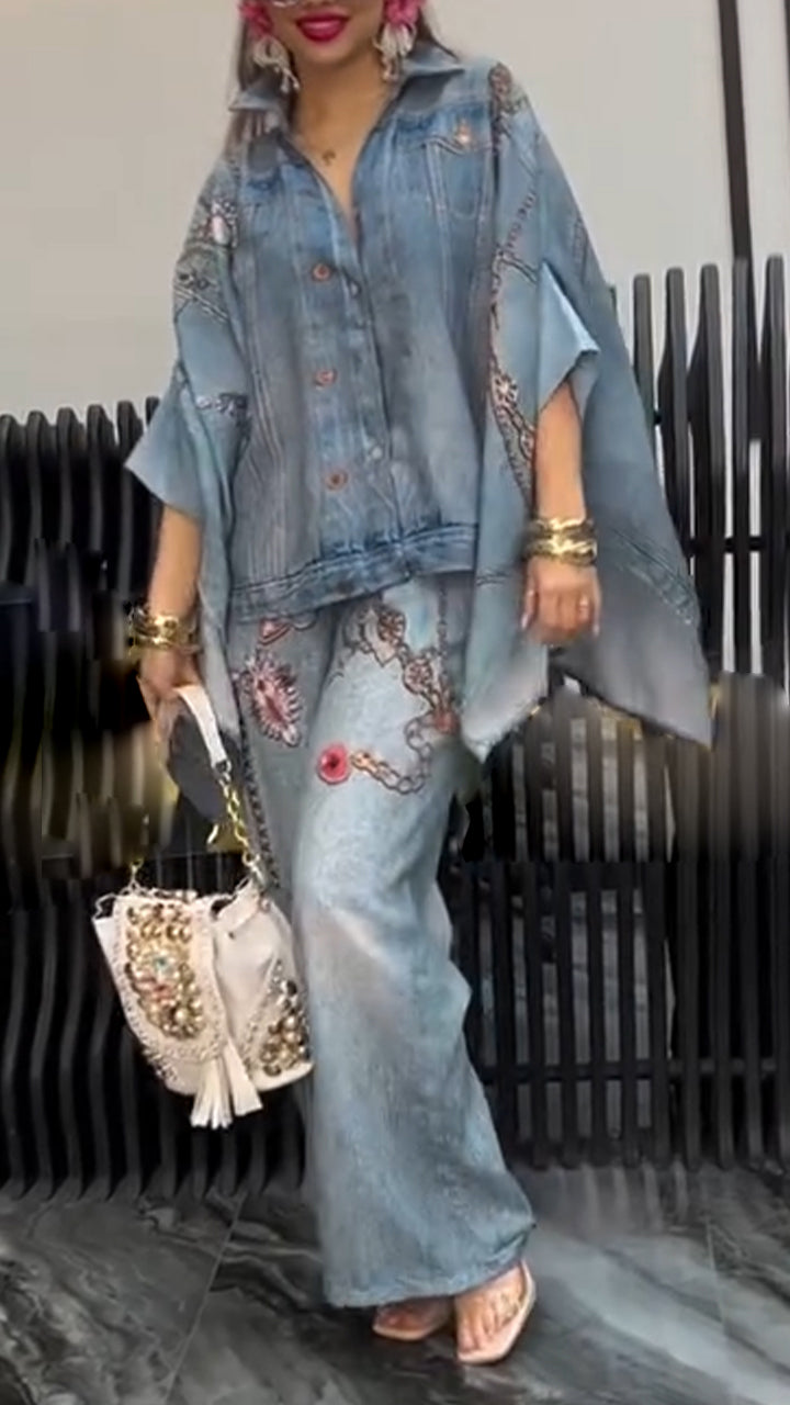 Womens Collar Patchwork Denim Print Jacket and Jeans