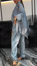 Womens Collar Patchwork Denim Print Jacket and Jeans