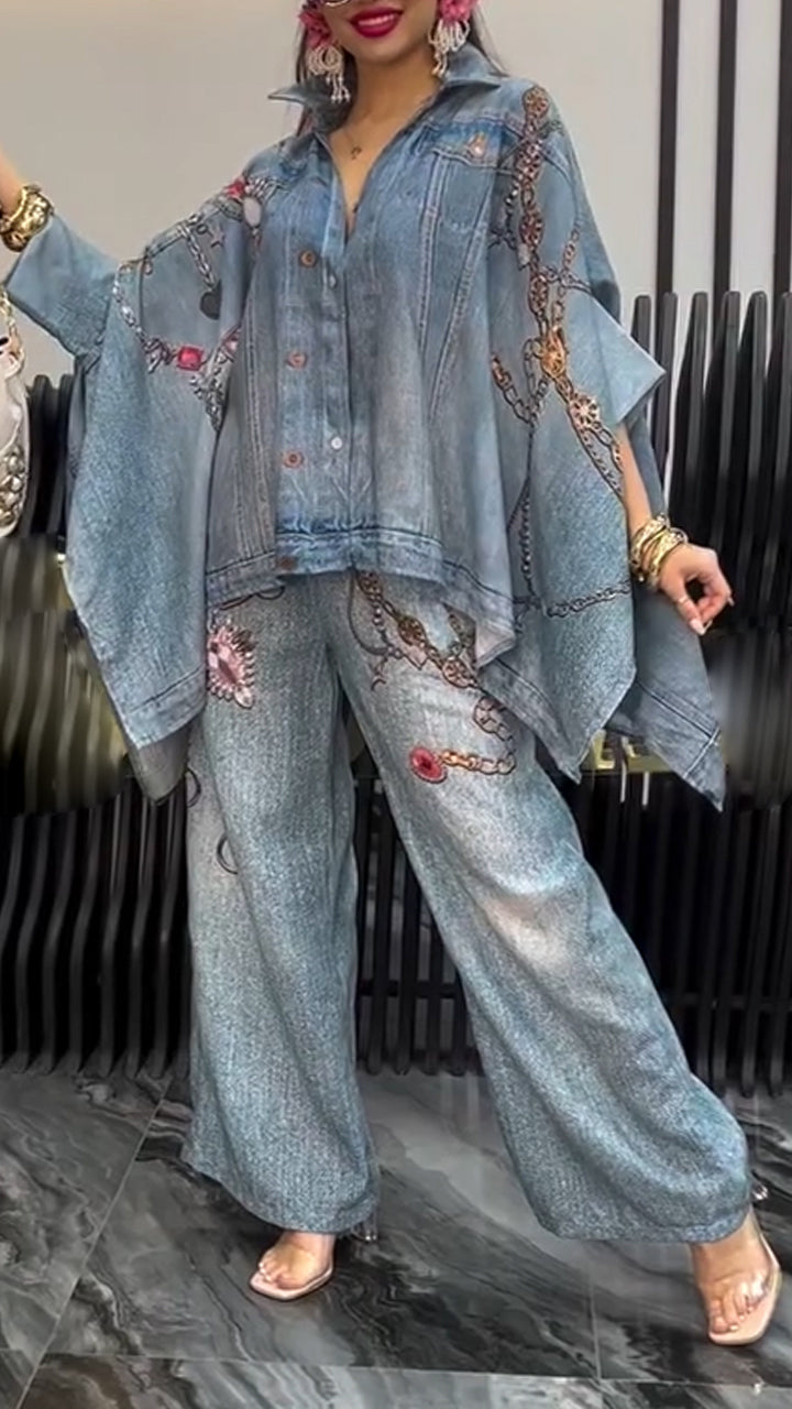 Womens Collar Patchwork Denim Print Jacket and Jeans