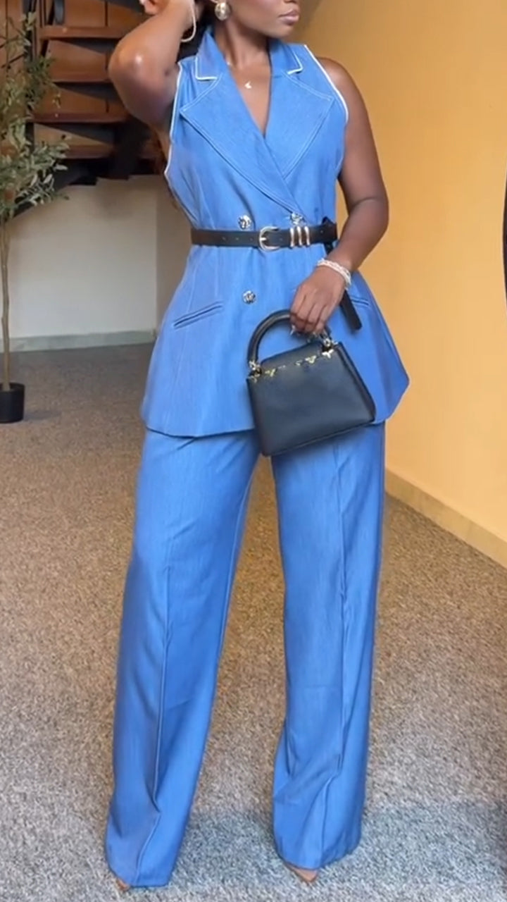 Women Collar Sleeveless Jacket + Pants Style Commuting Suit