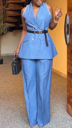 Women Collar Sleeveless Jacket + Pants Style Commuting Suit