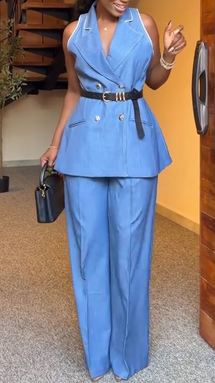 Women Collar Sleeveless Jacket + Pants Style Commuting Suit