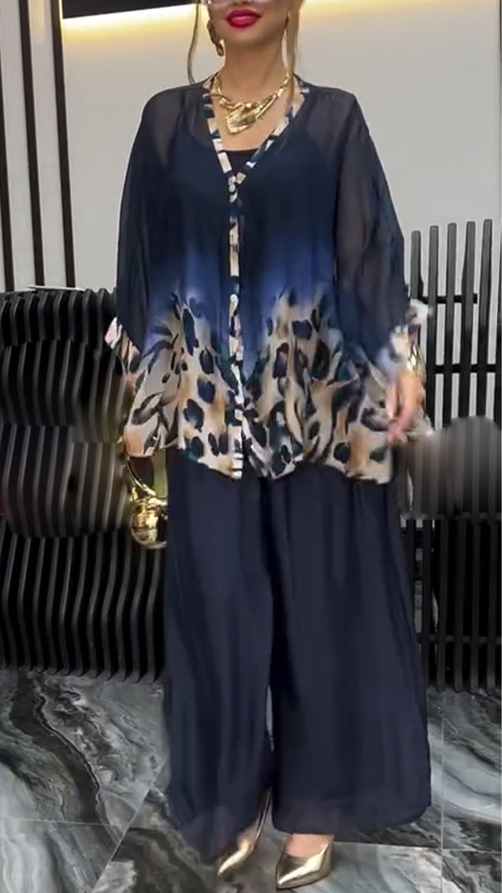 Women V-neck Printed Blend Top + Pants Casual Suit