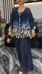 Women V-neck Printed Blend Top + Pants Casual Suit