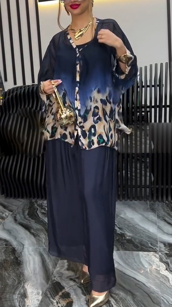 Women V-neck Printed Blend Top + Pants Casual Suit