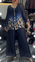 Women V-neck Printed Blend Top + Pants Casual Suit