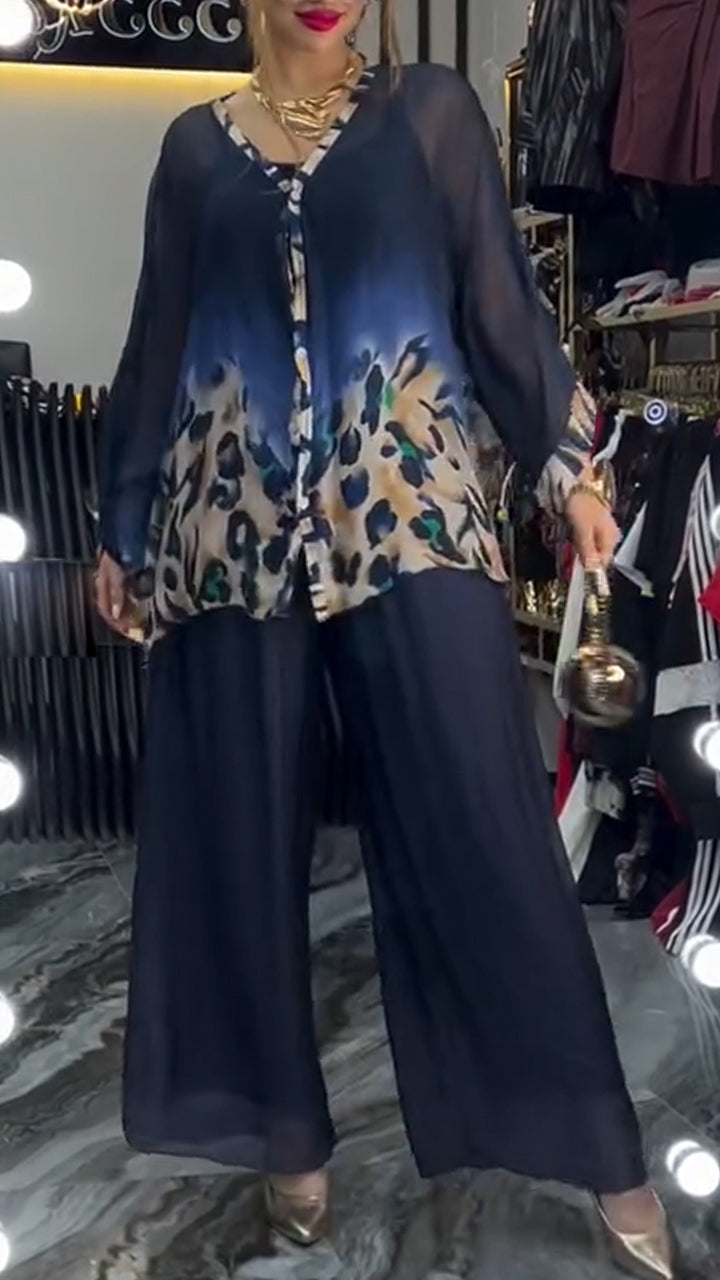 Women V-neck Printed Blend Top + Pants Casual Suit