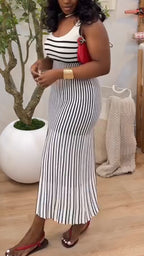 Women U-neck Striped Slim Fit Casual Dress