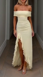 Women One-piece Collar Patchwork Slit Solid Color Elegant Temperament Dress