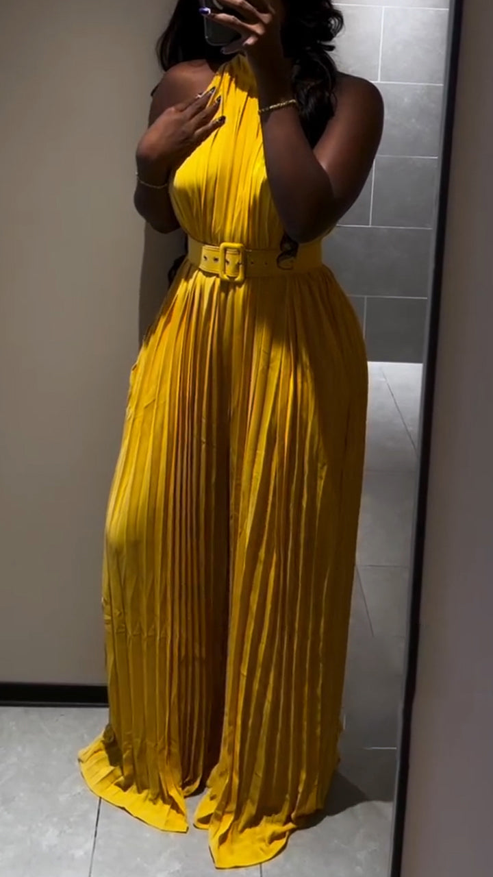 Women Round Neck Sleeveless Waist Cinched Pleated Long Wide Leg Jumpsuit