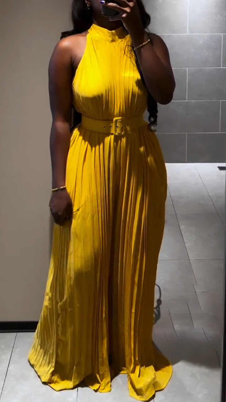 Women Round Neck Sleeveless Waist Cinched Pleated Long Wide Leg Jumpsuit