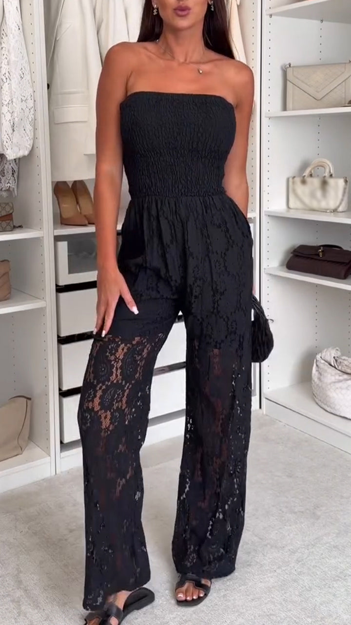 Women Strapless Patchwork Hollow Lace Style Casual Jumpsuit