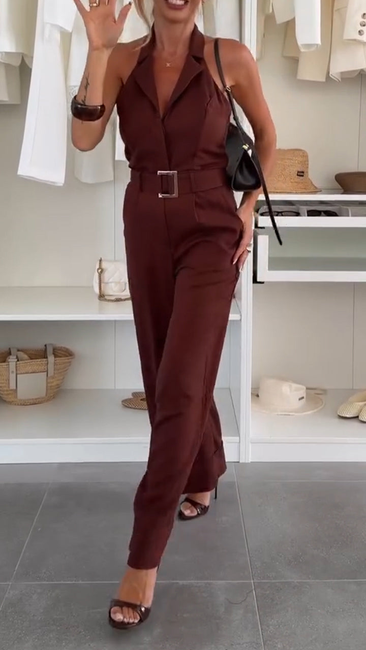 Women Collarless Sleeveless Waist Cinching Temperament Commuter Jumpsuit