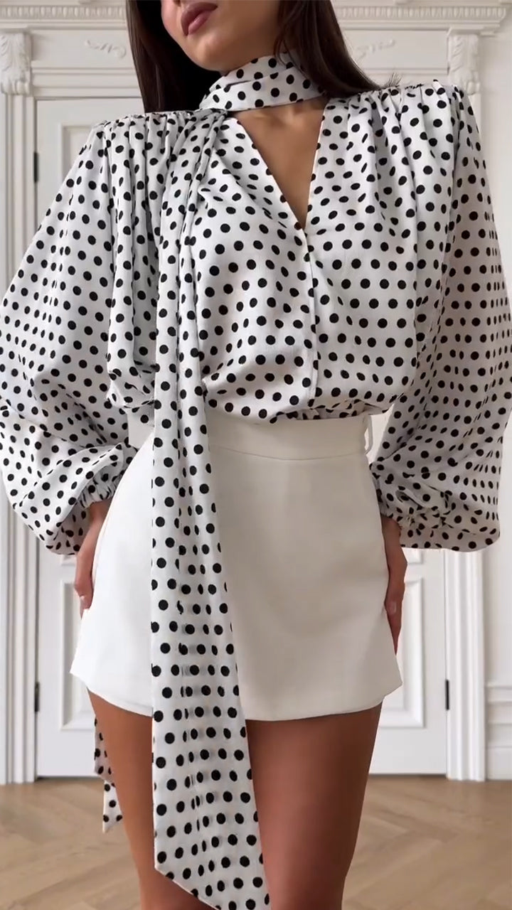 Women V-neck Polka Dot Long Sleeved Casual Top with Temperament