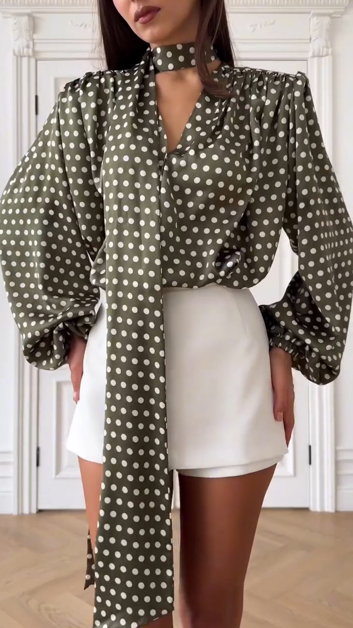 Women V-neck Polka Dot Long Sleeved Casual Top with Temperament