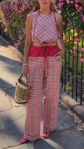 Women Camisole Sleeveless Drawstring Top + Patchwork Pants Casual Suit