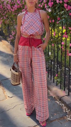 Women Camisole Sleeveless Drawstring Top + Patchwork Pants Casual Suit